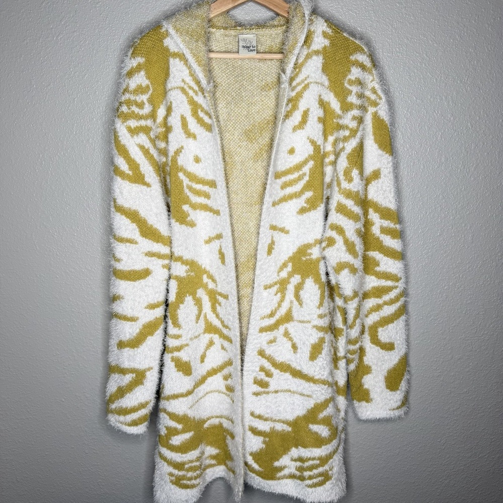 Wear To Love Fuzzy Hooded Cardigan Open Front Mustard Cozy Sweater TX‎ READ SIZE